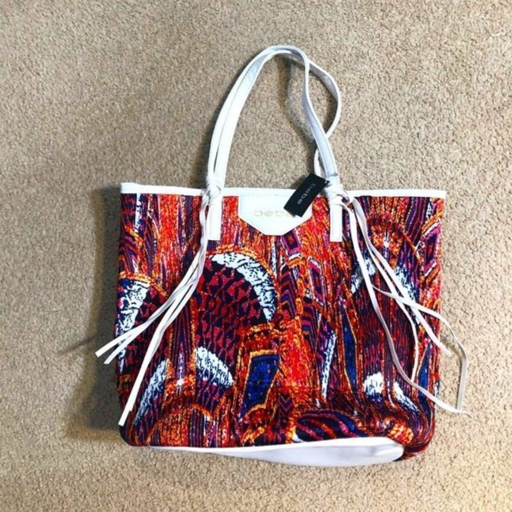 NWT Bebe Peacock Print Tote Bag | Beach Tote | Large Shoulder Bag
